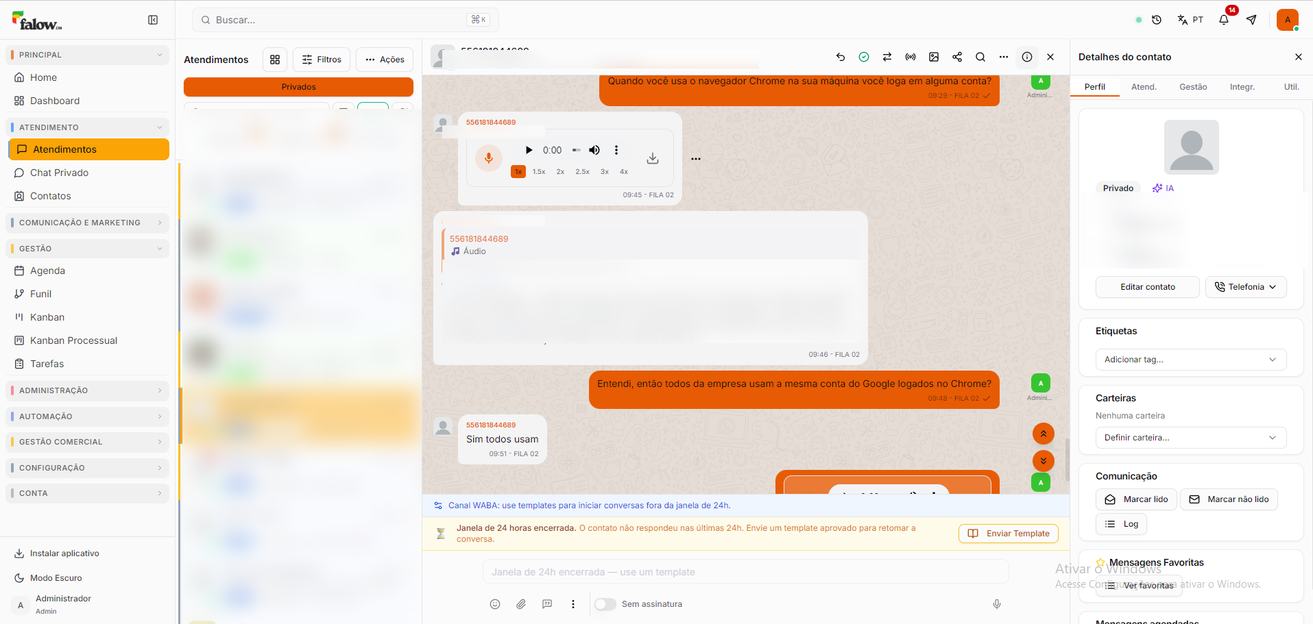 Tela real de Atendimento no WhatsApp no FalowCRM