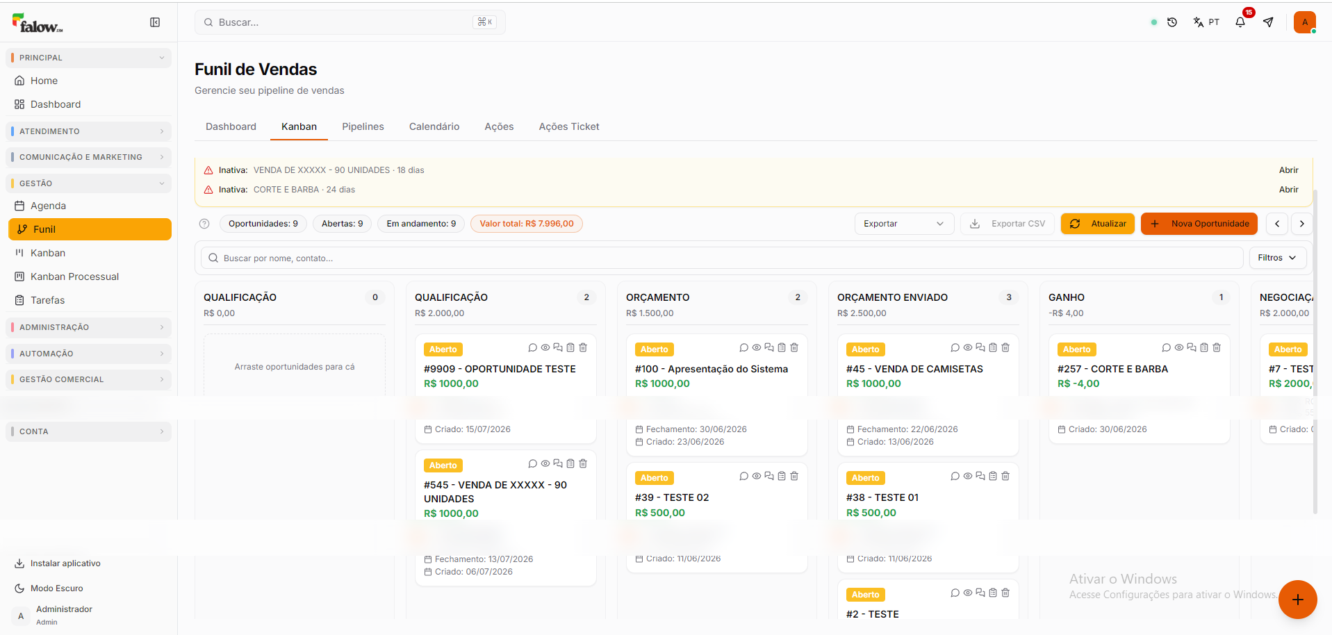 Tela real de CRM e Vendas no FalowCRM